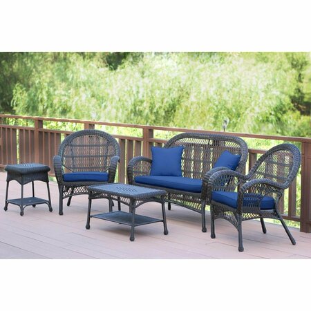 JECO 5 Piece Santa Maria Espresso Wicker Conversation Set, Navy Blue Cushion W00208-G-OT-FS011